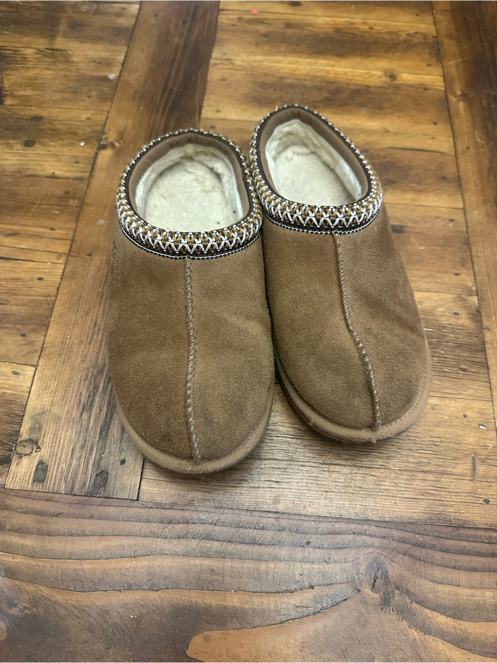 Kids Brown Suede Shearling-Lined Slip-On Slippers